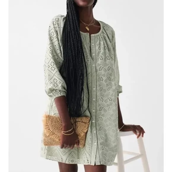 Faherty Valencia Eyelet Mini Dress in Desert Sage Green Size Small Gently Used - Picture 1 of 5